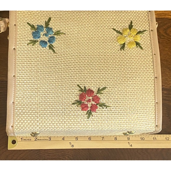 Vintage 1960s Floral Rafia Purse Beautiful Wood Sided Bag Please Read - Picture 13 of 16